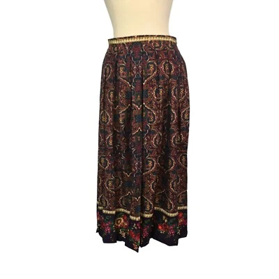 Susan Bristol Purple Blue Red Pleated Paisley Skirt, Floral Hem 12, 28-30 waist - Image 1 of 4