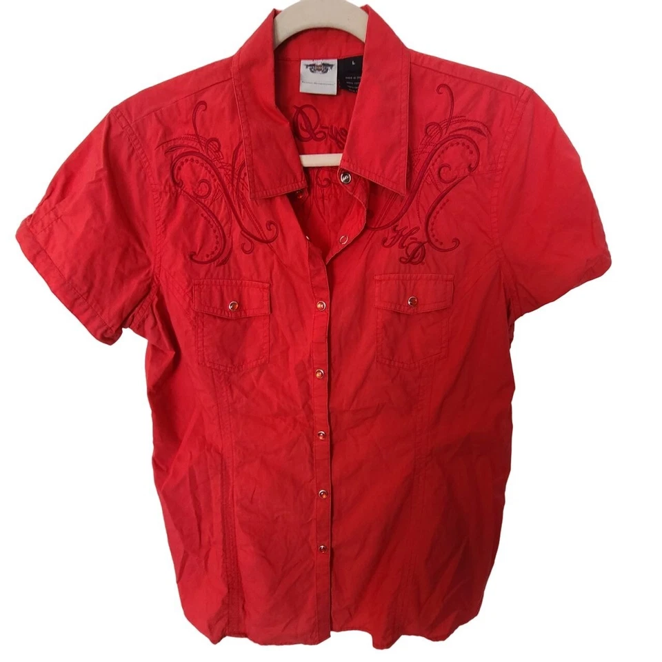 Camisa occidental Harley Davidson para mujer L rosa bordada manga corta frente a presión Foto 1 de 4