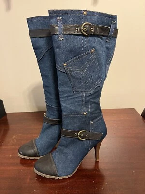 Anne Michelle Sz 9 Women Denim Stiletto Boots Heels - Image 1 of 4
