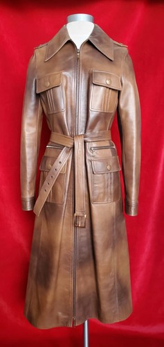 Giacca Vintage Celine Brown Ombre in pelle lunga con cerniera con tasche taglia 38