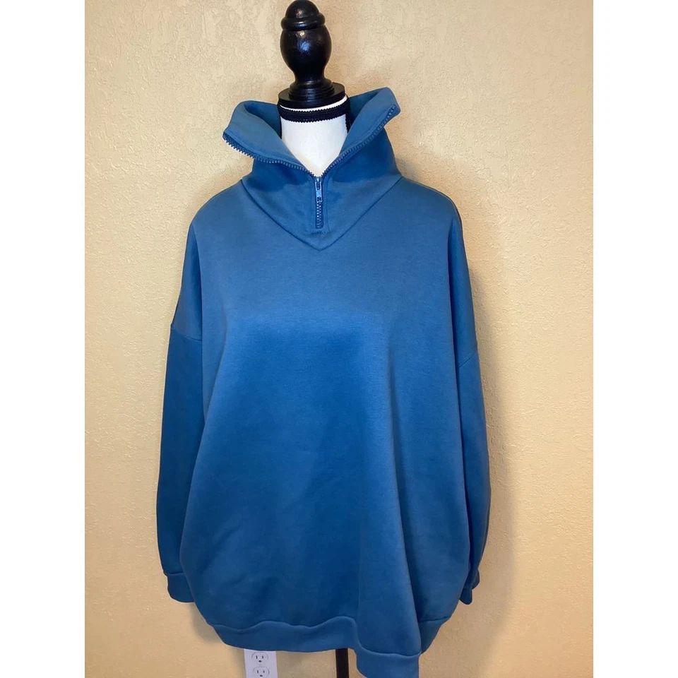 Zara Very Oversized, Slouchy collared quarter zip fleece sweatshirt in teal blue - Image 1 of 4