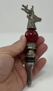Vtg Reindeer Wine Bottle Stopper Heavy Metal Red Glass Bead Ornament Christmas - Picture 1 of 5