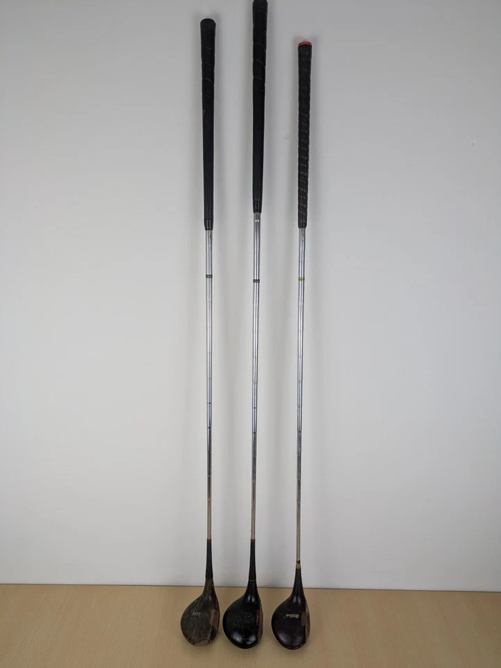 Vintage Wood Gold Clubs Drivers X3 Spalding Top Flite Wilson Display Pieces Prop - Image 1 of 4