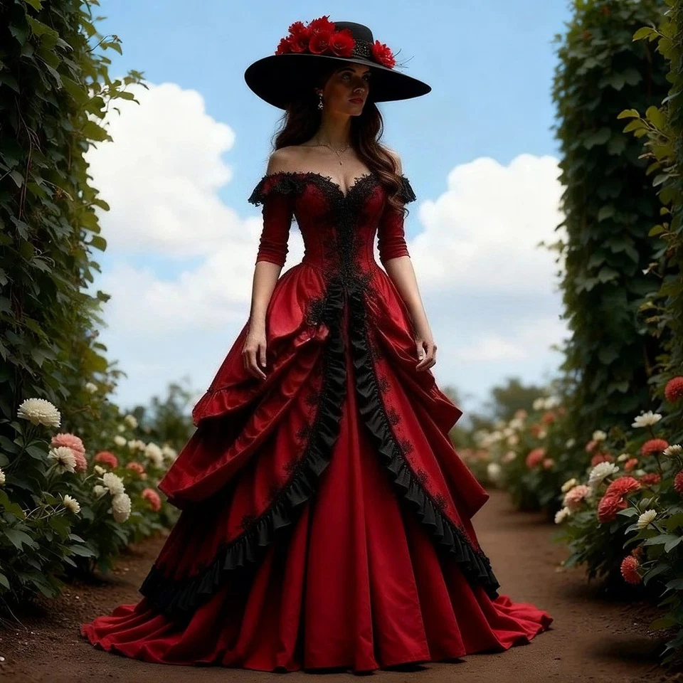 Vintage Red Black Wedding Dresses Off the Shoulder Layered Ruffles Bridal Gowns - Image 1 of 4