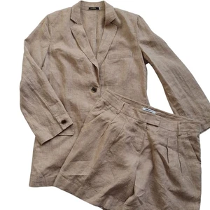 DKNY Linen Blazer Shorts Suit Set M 8 Tan Lightweight Unique Matching Set - Picture 1 of 12