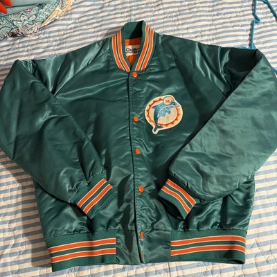 Chaqueta de fútbol americano bombardero satinado vintage de los 90 NFL Chalk Line Miami Dolphins talla grande Foto 1 de 4