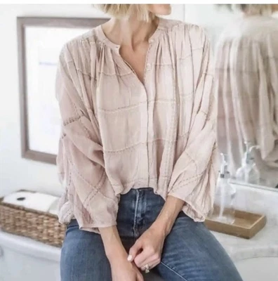 Blusa Anthropologie Sarabeth Bordada Campesina Botón XL Rosa De Gran Tamaño Boho Foto 1 de 4