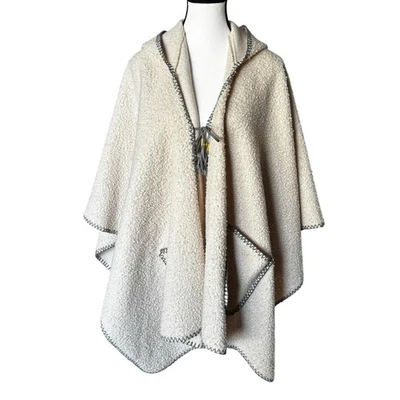 Poncho Marc New York Mujer Talla Única Boucle Con Capucha Gris Crema Borla Corbata Bolsillos Foto 1 de 4