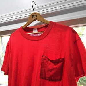 Vintage 80s 90s Paper Thin Blank Pocket T Shirt Vtg Red FOTL Single Stitch USA L - Picture 1 of 9