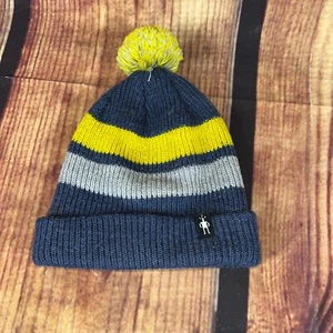 Smartwool Beanie Kids One Size Blue Yellow Knit Pom Merino Wool Cuffed Foldover - Picture 1 of 4