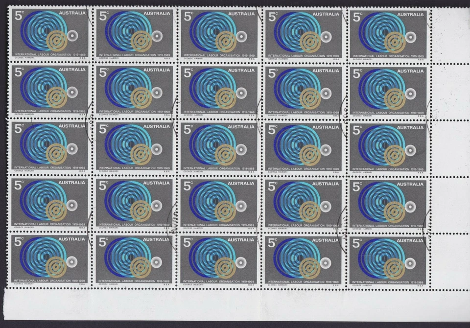 1969 5c OIT Organización Internacional del Trabajo Australia CNR bloque de 25 CTO goma Foto 1 de 1