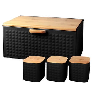 Set of 4 Black Tea, Coffee, Sugar canisters and Bread bin Storage Container Set - Picture 1 of 14