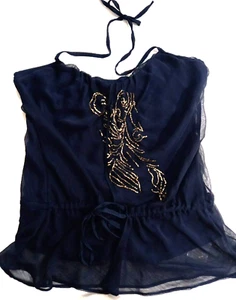Next Navy Blue Halter Neck Top UK14 Navy Chiffon Sequined Lined Drawstring Waist - Picture 1 of 7