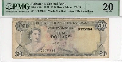 Bahamas 10 Dollars 1974 P38a Wmk: Shellfish Sign. T.B. Donaldson VF20 PMG - Image 1 of 2