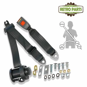 Classic Car Inertia Seat Belt Rear 3 Fixing Points 32cm Buckle Black R254P - Picture 1 of 6