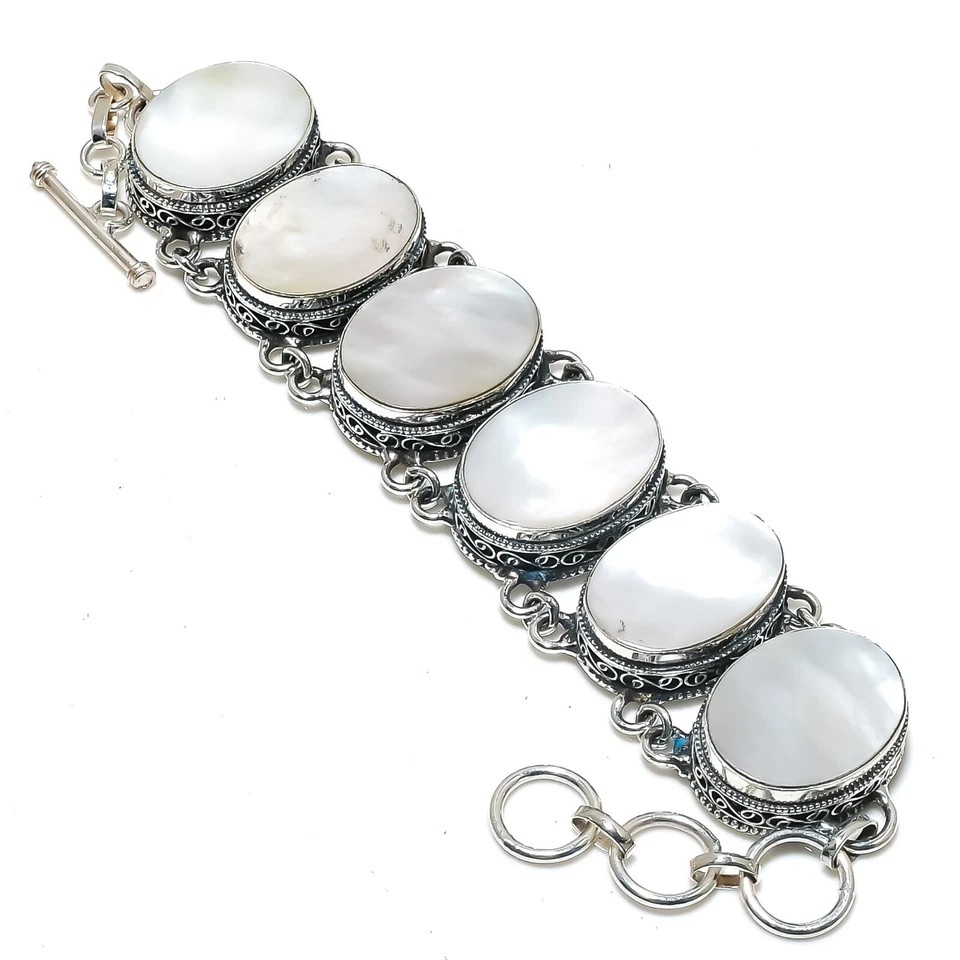 Mother Of Pearl Gemstone Handmade 925 Sterling Silver Everyday Jewelry Bracelet - Image 1 of 4