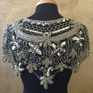 Sequin Beaded Lace Hip Wrap Collar Shoulder Shrug Shawl Applique Silver/Black - Picture 1 of 2