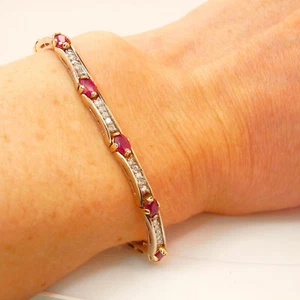 Natural Red Ruby Diamond Tennis Bracelet 14K Yellow and White Gold Vintage Fine - Bild 1 von 9