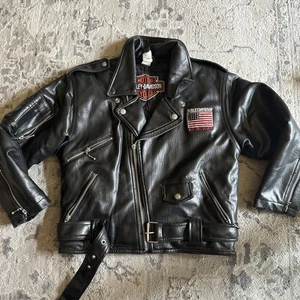 Vintage Harley Davidson Jacke Jugend Large 12/14 Biker Leder USA Flagge MÄNGEL - Bild 1 von 14