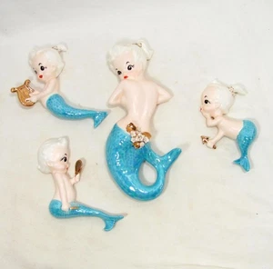 4 Vintage Meerjungfrau Wandtafeln Mama & Babys Blume Keramik Set blau Spiegel Harfe - Bild 1 von 18