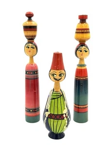 3 Egyptian Wood Spindal Doll Lot Hand Painted Wooden Folk Art One Man Two Women - Picture 1 of 16