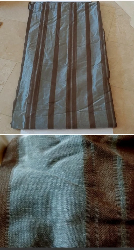 Panel de cortinas de lino azul/marrón de herrajes de restauración con etiquetas y extremos ponderados Foto 1 de 2