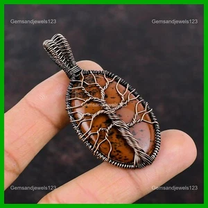 Oval Mahogany Obsidian Stone Wire Wrapped Tree Of Life Birthday Pendant Copper - Picture 1 of 6