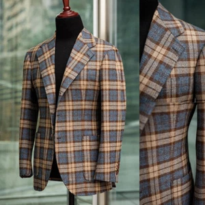 Herren karierte Tweedjacke Herbst Winter schmale Passform Mantel einreihiger Bräutigam Smoking - Bild 1 von 11
