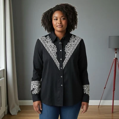 Vintage Bob Mackie Wearable Art Embroidered Black White Button Up Shirt Women 1X - Image 1 of 4