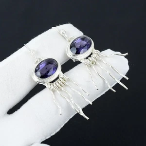 925 Sterling Silver Purple Amethyst Gemstone Handmade Jewelry Earring Size-1.5" - Picture 1 of 4