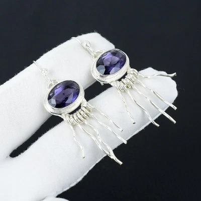 925 Sterling Silver Purple Amethyst Gemstone Handmade Jewelry Earring Size-1.5" - Image 1 of 4