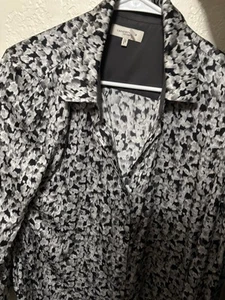Lafayette 148 100% silk Gray Black Print long sleeve blouse size Large - Picture 1 of 8