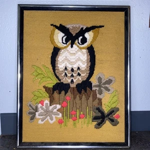 Owl Complete Needlepoint mid century 19.5”x15” framed 70’s Crewel - Picture 1 of 2