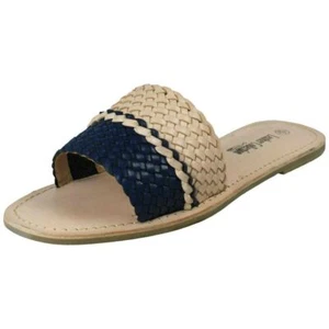 Mules En Cuir Plates Navy/Naturel De La Collection En Cuir Pour Femmes - Picture 1 of 9