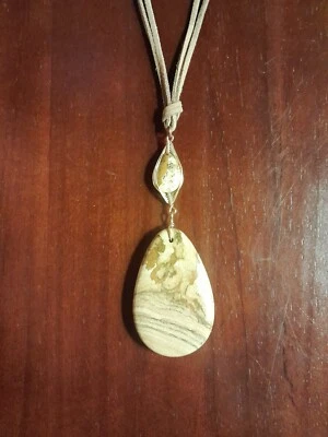 Boho Southwest Imagen Jaspe Alambre Envoltura Lágrima Colgante Sobre Cordón Largo de Cuero  Foto 1 de 4