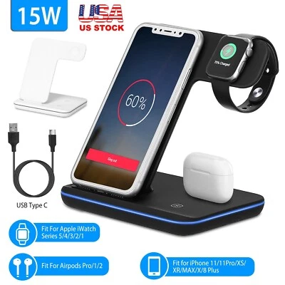 3 In 1  Wireless Fast Charger Charging Station Dock For iWatch iPhone X 11 - Image 1 of 4