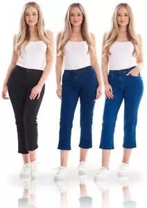 Ladies Straight Leg Elasticated Waist Crop Jeans - Picture 1 of 26