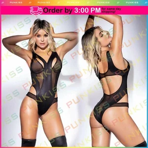 Womens Sexy Lingerie Wet Look & Lace Mesh Teddy Bodysuit w/Cut Outs Romber Black - Picture 1 of 4