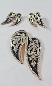 Vtg Butler wing Brooch / Earrings Set black enamel gold tone rhinestones signed - Bild 1 von 17
