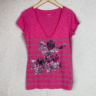 Top vintage Y2K Express para mujer lentejuelas cuello en V profundo talla pequeña rosa a rayas glamuroso Foto 1 de 4