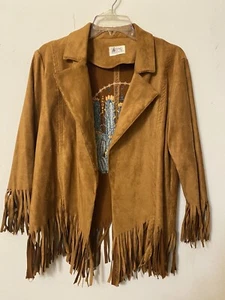TCB TRAVELING CHIC BOUTIQUE BOHO SOUTHWESTERN CACTUS FRINGED JACKET FAUX SUEDE M - Picture 1 of 16