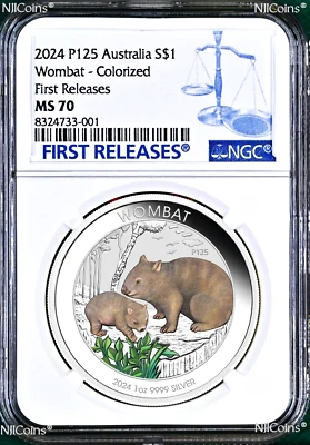 2024 P Australia Wombat 1 oz Silver Colored Coin NGC MS 70 $1 FR Blue Label - Image 1 of 2