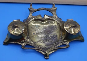 VINTAGE K&O KRONHEIM & OLDENBUSCH CO CAST BRASS DOUBLE GLASS INKWELL & TRAY ELK - Picture 1 of 7
