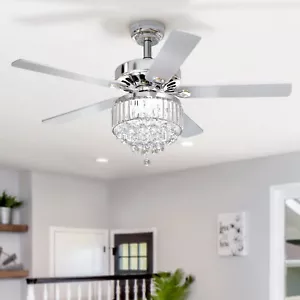 52" Modern Crystal Ceiling Fan Light w/ Remote Control 6-speed Chandelier Lamp - Picture 1 of 17