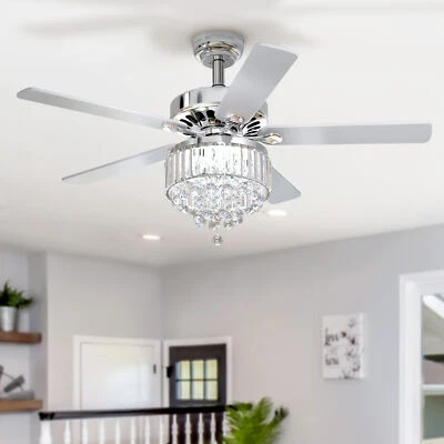 52" Modern Crystal Ceiling Fan Light w/ Remote Control 6-speed Chandelier Lamp - Image 1 of 4