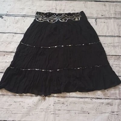 Falda Angie Negra Plateada Lentejuelas Cuentas Boho Niveles Hasta la Rodilla L Foto 1 de 4