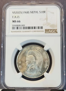 1968 NEPAL SILVER 10 RUPEE FAO MAHENDRA BIR BIKRAM NGC MS 66 SCARCE GEM BU - Picture 1 of 3