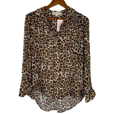 Camisa de tela y piedra talla pequeña leopardo camisa con botones cuello tostado informal NUEVA Foto 1 de 4