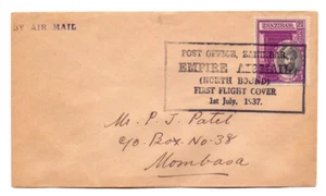 1937 Zanzibar To Mombasa(Kenya)First Flight Cover 20 Cent Sultan Chalifa  EF 002 - Picture 1 of 2