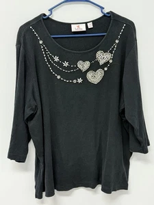 Quacker Factory Sweater Jeweled Heart Necklace Embellished Top Black Size 1X - Picture 1 of 8